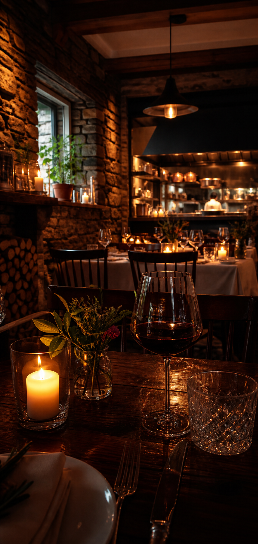Warm candlelit Italian restaurant dining room