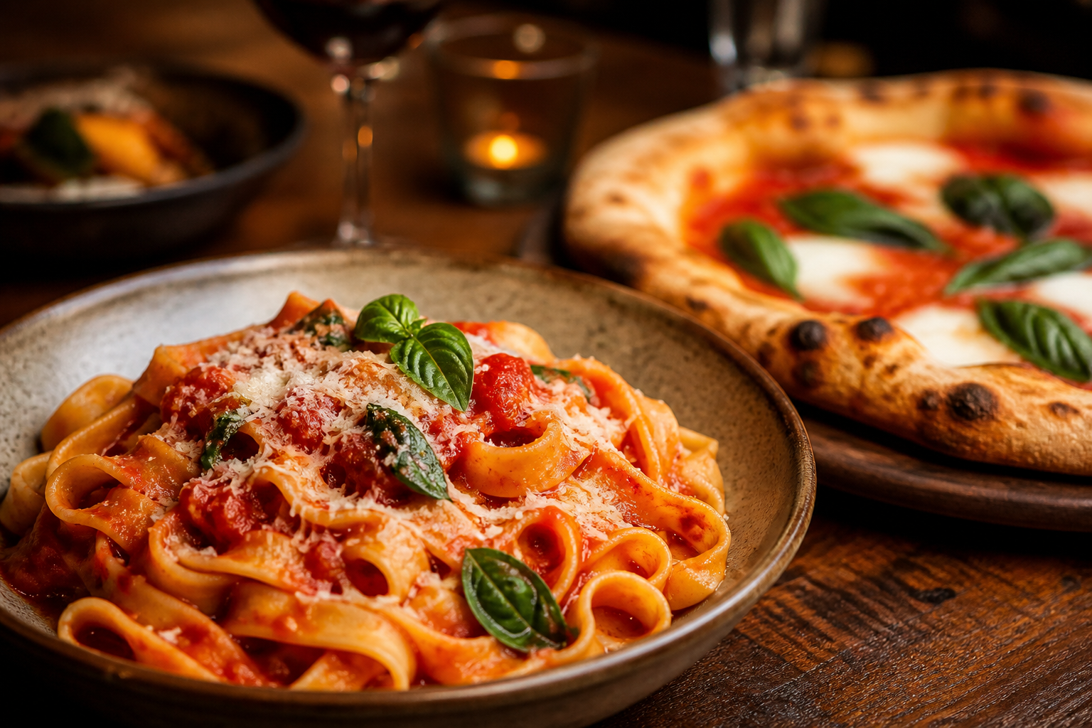 Italian pasta and pizza on a warm restaurant table